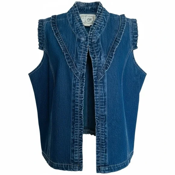 Vintage 90’s Tantrums Denim Ruffle Trim Open Front Lagenlook Boho Vest Women’s - Picture 2 of 11